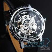 2012 Mens Black Skeleton Mechanical Watch Sliver Wrist Watch Gift S