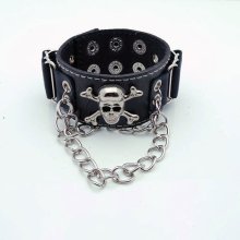 22x4cm Leather Bracelet Punk Rock Style Caribbean Pirate Skull Silver Tone 0064