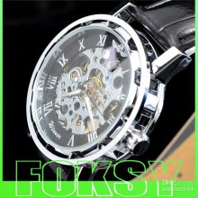3pcs Mens Luxury Skeleton Mechanical Watch Black Leather Watches 01-
