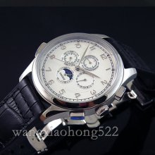 44mm Parnis White Dial Automatic Chronometer Moon Phase Black Leather Watch 097i