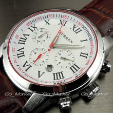 6 Dial Clock Day Hours Hand Date Water Brown Leather Men Wrist Watch Wa131