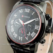 6 Dial Clock Day Hours Hand Date Water Black Leather Men Wrist Watch Wh121-b