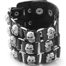 Adjustable Genuine Leather Bracelet With Oxidized Stainless Steel Skulls- Black
