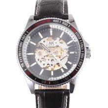 Ak Analog Stainless Steel Geninue Leather Mens Automatic Mechanical Wrist Watch