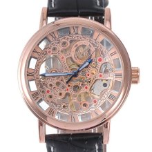 Ak-homme Golden Delicate Roman Numbers Blue Hands Mens Mechanical Wrist Watch