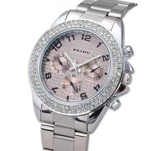 Amazing Fashion Mens Crystal Dial Silver Stainless Steel Band Quartz Wrist Watch