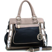 Anais Gvani Women's Multicolored Logo Print Satchel with Belted Accent & Logo Charm-Black/Taupe/White