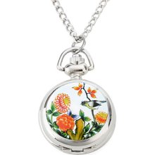 Analog Women's Alloy Quartz Necklace Watches with Bird and Flower (Silver)