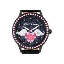 Angel Wings Heart Watch with Black Leather Strap by Betsey Johnson