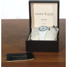 Anne Klein Ny White Ceramic Crystal Bling Round Analog Womens 12/2075wmwb