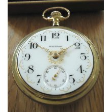 Antique Fancy Dial Waltham Pocket Watch 18s 18 Size J Boss Gold Case With Box