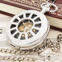 Antique Silver Case White Numerals Chain Pendant Mechanical Pocket Watch F019