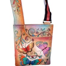Anuschka Leather Roomy Slim Cross Body Hand Painted Sling Handbag Butterflies