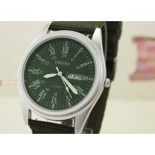 Army Green Fabric/canvas Mens Women Quartz Roman Date Week Wrist Watch