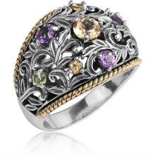 Athena Jewelry Sterling Silver and 14k Gold Multigemstone Openwork Filigree Wide Band Ring