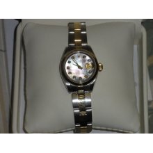 Auth. Ladies two tone 14KT ROLEX Mother of Pearl and diamond face Oyster bracelet