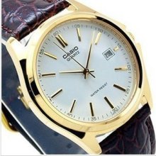 Authentic Casio Man's Brown Leather Band White Watch Mtp-1183q-7
