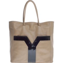 Authentic Yves Saint Laurent Ysl Khaki Calfskin Lucky Chic Shoulder Tote Bag