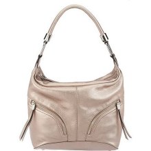 B. Makowsky Zip Top Leather Hobo Bag with Zipper Pockets - Metallic Clay - One Size