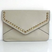 Beige Nude Gold Studded Envelope Crossbody Strap Clutch Handbag Wristlet Purse