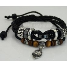 Best-selling Men Fashion Braid Multi-pu Leather Wooden Beads Leaf Bracelets