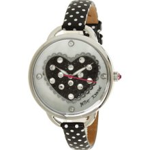 Betsey Johnson Watch, Womens White Polka Dot Black Leather Strap 39mm