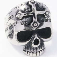 Big Heavy Stainless Steel Biker Men's Ring Cross Head Skull Carved Words 1fm