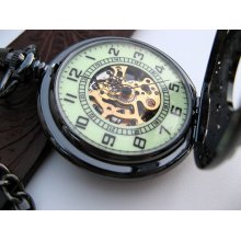 Black Archaize Mechanical Pocket Watch with Pocket Watch Chain, Glow in the Dark - Victorian Steampunk Era - Watch - Groomsmen - Item MPW133