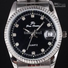 Black Dial Crystal Scale Silvery Steel Strap Men Quartz Wristwatch S