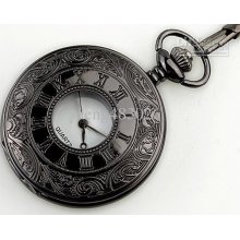 Black Engraved Quartz Movement Half Hunter Men's Pocket Watch With P