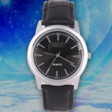 Black Face Black Belt Big Round Dial Leather Belt Watch