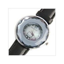 Black - Kitty Patterned Wrist Watch with Leather Strap