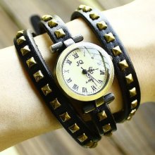 Black round dial leather bracelet studded wrap watch adjustable size