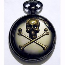 Black Skull Pocket Watch Steampunk Golden Brass Bones Gothic Black Necklace or Chain Fob