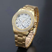 Bling White Crystal Golden Band Girl Ladies Wrist Watch