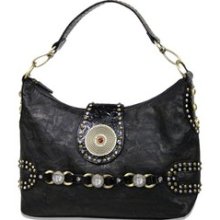 Blue Elegance Studded Black Hobo Handbag Gold Crystal Detailing