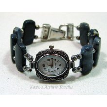 Blue Sodalite Gemstone Beaded Watch Bracelet Fold Over Magnetic Clasp