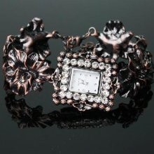 Bronze Diamond Women Girls' Alloy Square Quartz Lily Macrame Wrist Wa