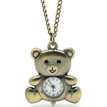Bronze Tone Quartz Bear Pocket Watch Necklace Adorable