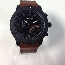 Brown Rubber Mens Geneva Half Moon Style Sport Watch Rotating Bezel G4