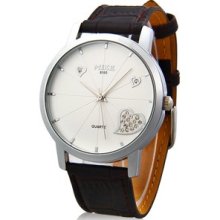 Brown Stylish Women's Jeweled Heart Analog Watch With Faux Leather Strap