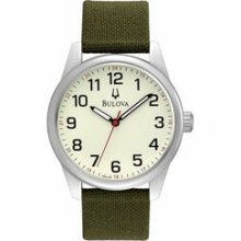 Bulova Casual Collection Men's Cream Dial Watch w/ Green Canvas Strap Promotional