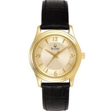 Bulova Round Gilt Dial Women's Watch W/Black Leather Strap