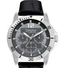 Caravelle Men`s Stainless Steel Dress Watch W/ Black Leather Strap