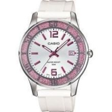 Casio Women's Analog White Resin Band, 50 Meter, Date, LTP1359-4AV - White Gold - White