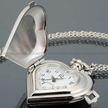 Charm Silver Heart Pendant Pocket Chain Lady Women Necklace Quartz Watch Gift