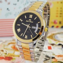 Charming Black Double Day Quartz Mens Watch Stainless Rare Design Roman