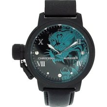 Christian Audigier Black/aqua Panther Gents Genuine Black Leather Watch Ete-105
