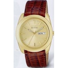 Citizen Eco Drive Men`s Gold Watch W/ Gold Dial And Brown Leather Strap