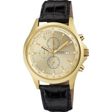 Citizen Quartz Mens Chronograph Stainless Watch - Black Leather Strap - Gold Dial - AN3512-03P